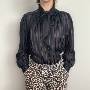 80s vintage sheer striped blouse with tie neck
